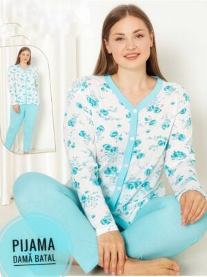 Pijamale  pentru dame, MARIMI MARI – BLUZA TURCOAZ cu imprimeu  si pantalon  LUNG ,  Cod produs – PFRM 1093