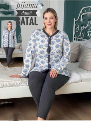 Pijamale  pentru dame, MARIMI MARI – BLUZA GRI imprimeu  si pantalon  LUNG ,  Cod produs – PFRM 1247