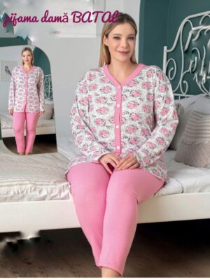 Pijamale  pentru dame, MARIMI MARI – BLUZA ROZ imprimeu  si pantalon  LUNG ,  Cod produs – PFRM 1246