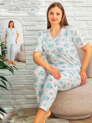 Pijama  pentru dame,   tricou ALB cu imprimeu  FLORICELE VERDE-TURCOAZ și pantalon LUNG,  Cod PFRV813