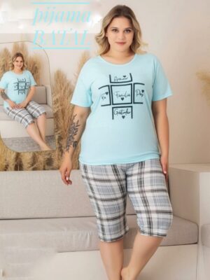 Pijama pentru dame,  TRICOU VERDE  cu imprimeu ,  pantalon TREISFERT  Cod PFRV806