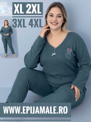 Pijamale din molton pentru dame, MĂRIMI MARI- GROASE- BLUZA GRI PETROL cu imprimeu si pantalon LUNG , Cod produs- PFRM 904