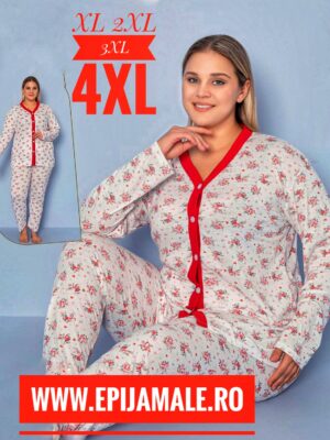 Pijamale din bumbac  pentru dame, MĂRIMI MARI – BLUZA ALB cu FLORI ROȘII si pantalon  LUNG ,  Cod produs – PFRM 915