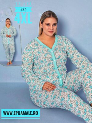 Pijamale din bumbac  pentru dame, MĂRIMI MARI – BLUZA ALB cu FLORI VERZI si pantalon  LUNG ,  Cod produs – PFRM 914