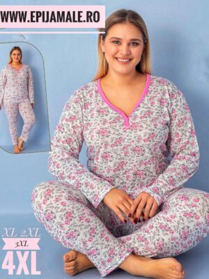 Pijamale din bumbac  pentru dame, MĂRIMI MARI – BLUZA ALB cu FLORI ROZ si pantalon  LUNG ,  Cod produs – PFRM 916