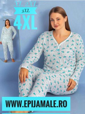 Pijamale din bumbac  pentru dame, MĂRIMI MARI – BLUZA ALB cu FLORI turcoaz si pantalon  LUNG ,  Cod produs – PFRM 917
