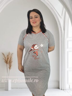 Camașă de noapte , din bumbac 100%, pentru gravide,  cu imprimeu  ELEFǍNȚEL , culoare- GRI CU PORTOCALIU  Cod Produs :  CG203