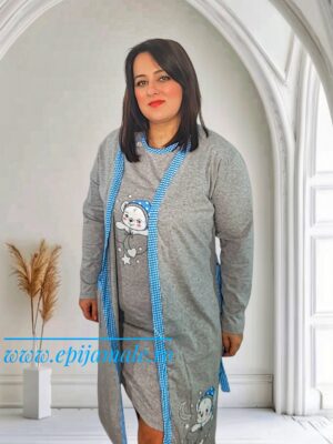 Compleu (camașă +halat )din bumbac 100%, pentru gravide ,GRI CU ALBASTRU,cu imprimeu URSULEȚ in zona burticii, COD PRODUS : CG213