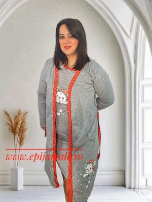 Compleu (camașă +halat )din bumbac 100%, pentru gravide ,GRI CU PORTOCALIU,cu imprimeu URSULEȚ in zona burticii, COD PRODUS : CG211