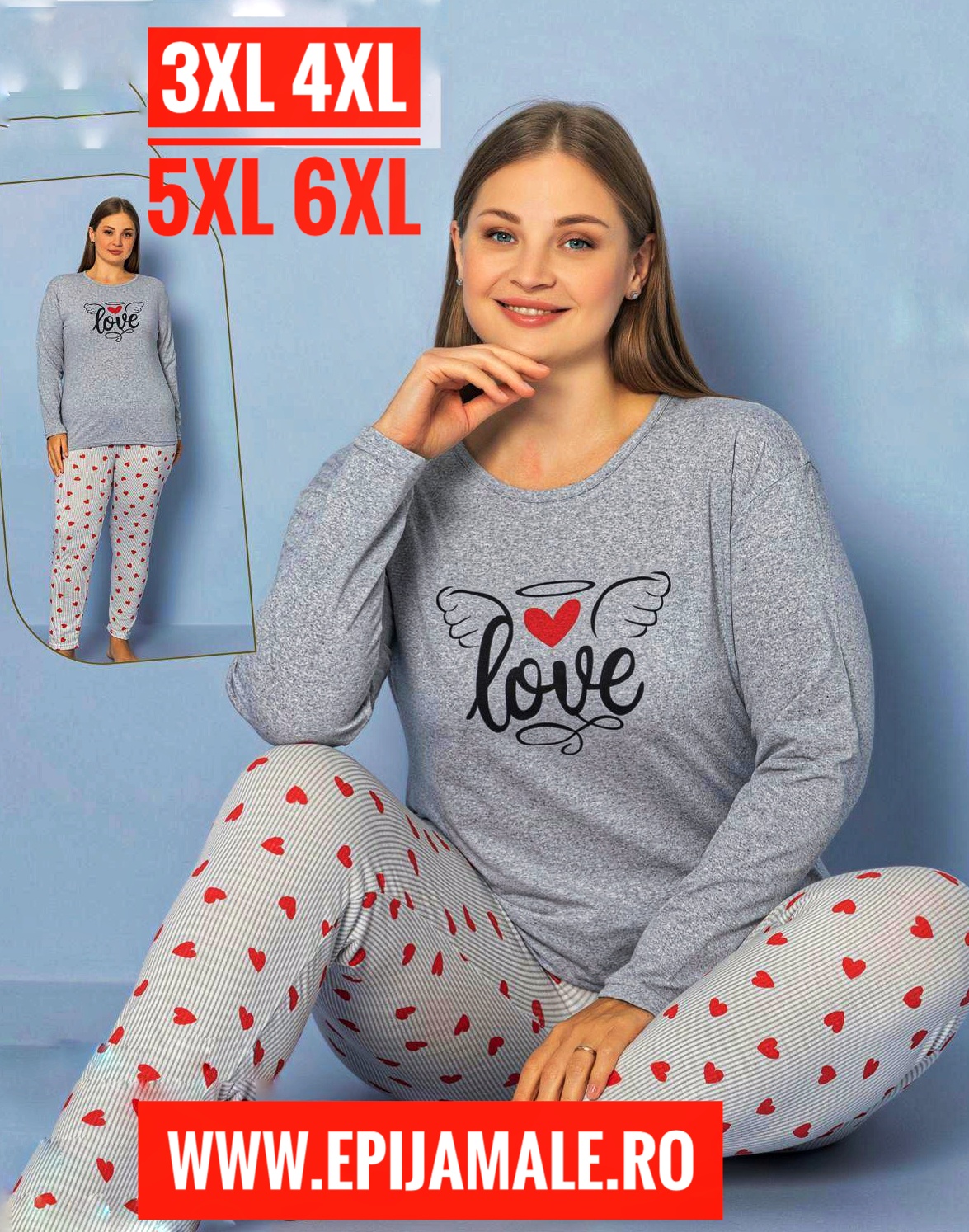 Pijamale din bumbac 100%, pentru dame, MĂRIMI MARI - BLUZA GRI cu imprimeu şi pantalon LUNG , Cod produs - PFRM 925