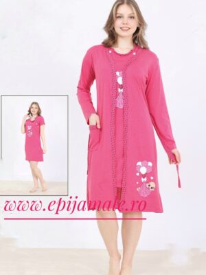 Compleu (camașă +halat )din bumbac 100%, pentru gravide ,ROZ ,cu imprimeu BEBE  in zona burticii, COD PRODUS : CG216