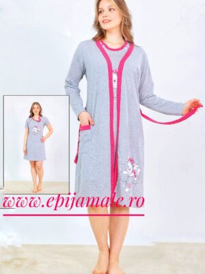 Compleu (camașă +halat )din bumbac 100%, pentru gravide ,GRI CU ROZ,cu imprimeu URSULEȚ in zona burticii, COD PRODUS : CG212