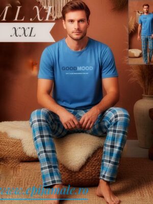 Pijamale din bumbac 100%, pentru bǎrbați ,model clasic, BLUZA TRICOU ALBASTRU cu imprimeu  ,pantalon LUNG , COD: PBR933