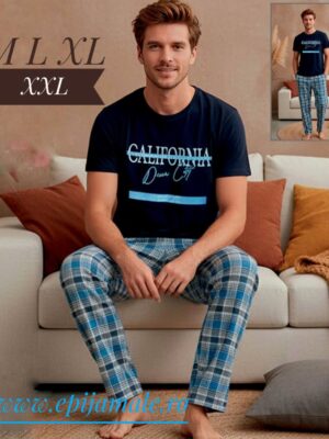 Pijamale din bumbac 100%, pentru bǎrbați ,model clasic, BLUZA TRICOU ALBASTRU ÎNCHIS cu imprimeu  ,pantalon LUNG , COD: PBR930