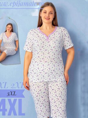 Pijama din bumbac 100%,  pentru dame,  tricou cu imprimeu și  pantalon TREISFERT  , CULOARE- ALB  CU FLORI MOV  , Cod PFRV934