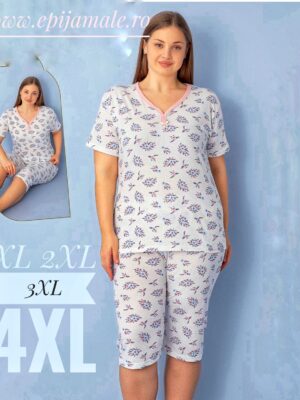 Pijama din bumbac 100%,  pentru dame,  tricou cu imprimeu și  pantalon TREISFERT  , CULOARE- ALB  CU FLORI COLORATE   , Cod PFRV935