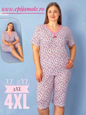Pijama din bumbac 100%,  pentru dame,  tricou cu imprimeu și  pantalon TREISFERT  , CULOARE- ALB  CU FLORI ROZ   , Cod PFRV937