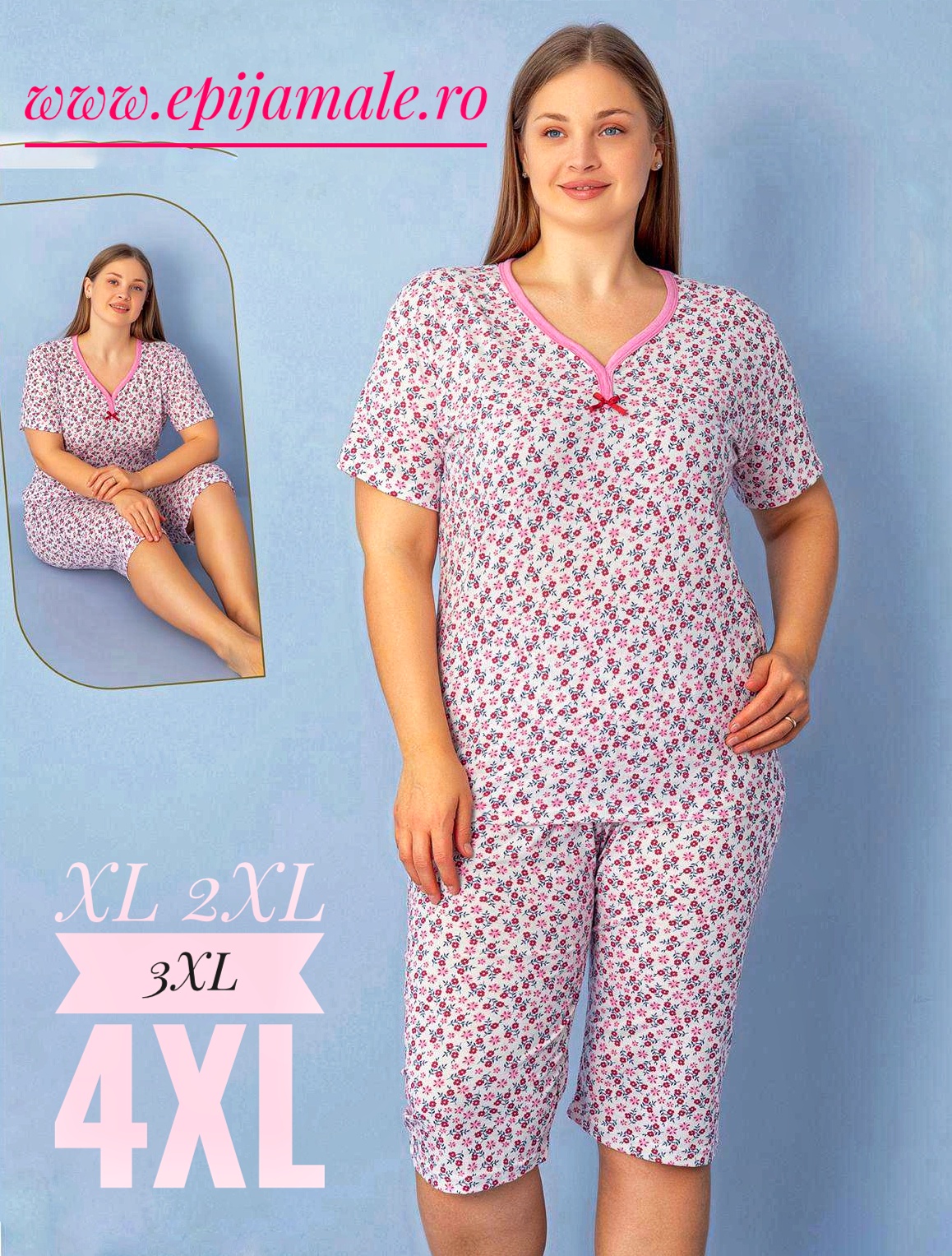 Pijama din bumbac 100%, pentru dame, tricou cu imprimeu și pantalon TREISFERT , CULOARE- ALB CU FLORI ROZ , Cod PFRV937