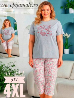 Pijama din bumbac 100% pentru dame,  TRICOU  GRI cu imprimeu,  pantalon TREISFERT –  Cod PFRV938