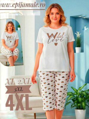 Pijama din bumbac 100% pentru dame,  TRICOU ALB  cu imprimeu ,  pantalon TREISFERT –  Cod PFRV941