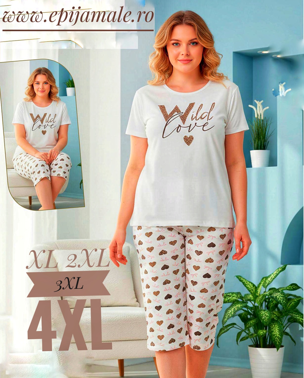 Pijama din bumbac 100% pentru dame, TRICOU ALB cu imprimeu , pantalon TREISFERT - Cod PFRV941