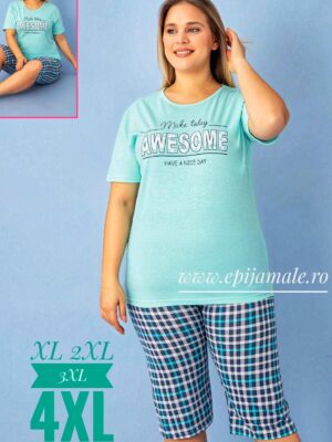 Pijama din bumbac 100% pentru dame,  TRICOU VERDE cu imprimeu ,  pantalon TREISFERT –  Cod PFRV943