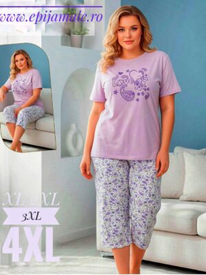 Pijama din bumbac 100% pentru dame,  TRICOU MOV cu imprimeu ,  pantalon TREISFERT –  Cod PFRV942