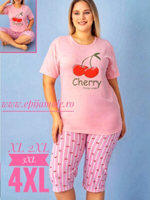 Pijama din bumbac 100% pentru dame,  TRICOU ROZ  cu imprimeu cireşe,  pantalon TREISFERT –  Cod PFRV939