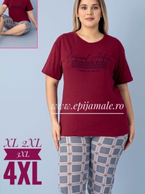 Pijama din bumbac 100% pentru dame,  TRICOU VIȘINIU  cu imprimeu ,  pantalon TREISFERT –  Cod PFRV944