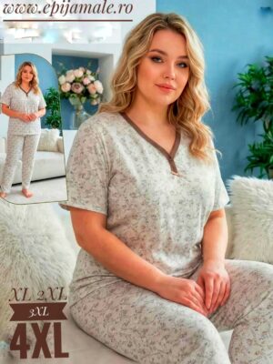 Pijama  din bumbac 100%, pentru dame,   tricou ALB cu imprimeu  FLORICELE MARO  și pantalon LUNG,  Cod PFRV945