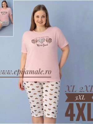 Pijama din bumbac 100% pentru dame,  TRICOU ROZ  cu imprimeu INIMI,  pantalon TREISFERT –  Cod PFRV947