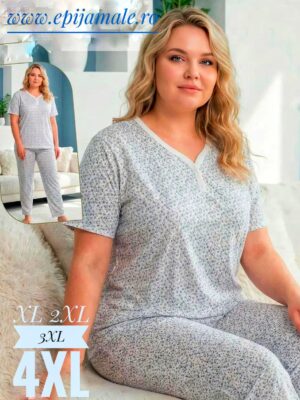 Pijama  din bumbac 100%, pentru dame,   tricou ALB cu imprimeu  FLORICELE ALBASTRE  și pantalon LUNG,  Cod PFRV946