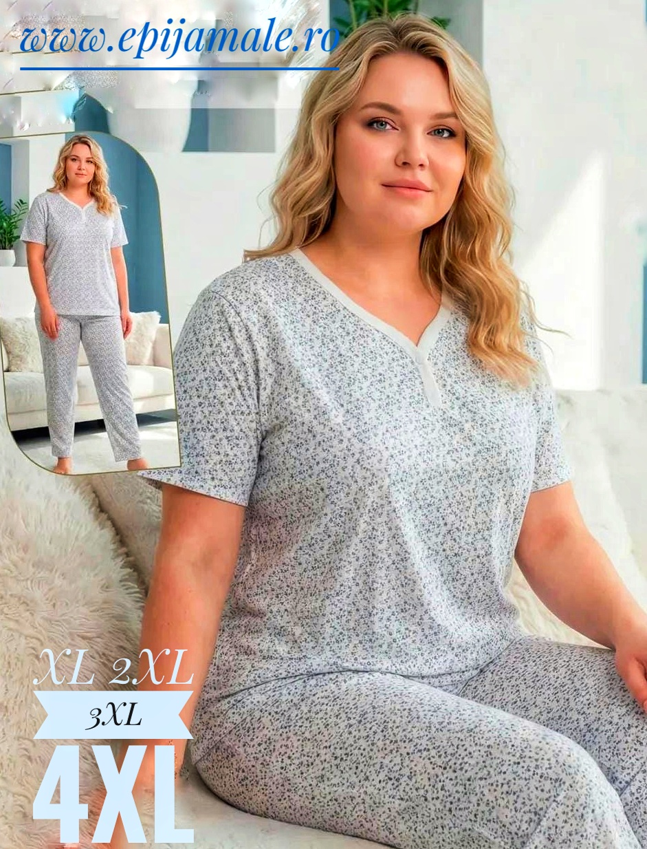 Pijama din bumbac 100%, pentru dame, tricou ALB cu imprimeu FLORICELE ALBASTRE și pantalon LUNG, Cod PFRV946