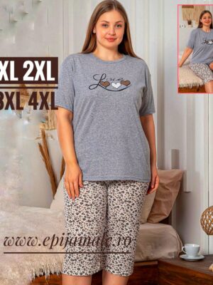 Pijama din bumbac 100% pentru dame,  TRICOU GRI cu imprimeu INIMI,  pantalon TREISFERT –  Cod PFRV957