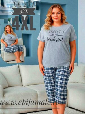 Pijama din bumbac 100% pentru dame,  TRICOU GRI cu imprimeu și  pantalon TREISFERT –  Cod PFRV958