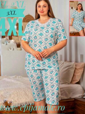 Pijama din bumbac 100%,  pentru dame,  tricou cu imprimeu și  pantalon TREISFERT  , CULOARE- ALB  CU FLORI TURCOAZ  , Cod PFRV964