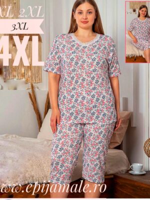 Pijama din bumbac 100%,  pentru dame,  tricou cu imprimeu și  pantalon TREISFERT  , CULOARE- ALB  CU FLORI COLORATE  , Cod PFRV962