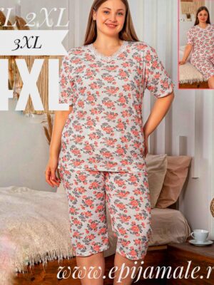 Pijama din bumbac 100%,  pentru dame,  tricou cu imprimeu și  pantalon TREISFERT  , CULOARE- ALB  CU FLORI PORTOCALII  , Cod PFRV963