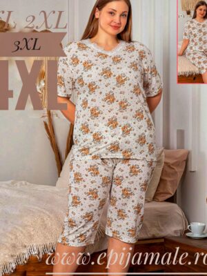 Pijama din bumbac 100%,  pentru dame,  tricou cu imprimeu și  pantalon TREISFERT  , CULOARE- ALB  CU FLORI CREM  , Cod PFRV965