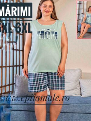 Pijama din bumbac 100% pentru dame,  MAIEU VERDE cu imprimeu MOM  ,  bretea latǎ și  pantalon scurt –  Cod produs-  PFRV981
