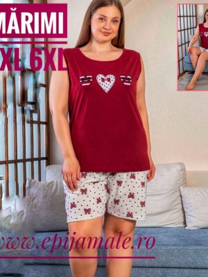 Pijama din bumbac 100% pentru dame,  MAIEU VIŞINIU cu imprimeu inimi  ,  bretea latǎ și  pantalon scurt –  Cod produs-  PFRV982