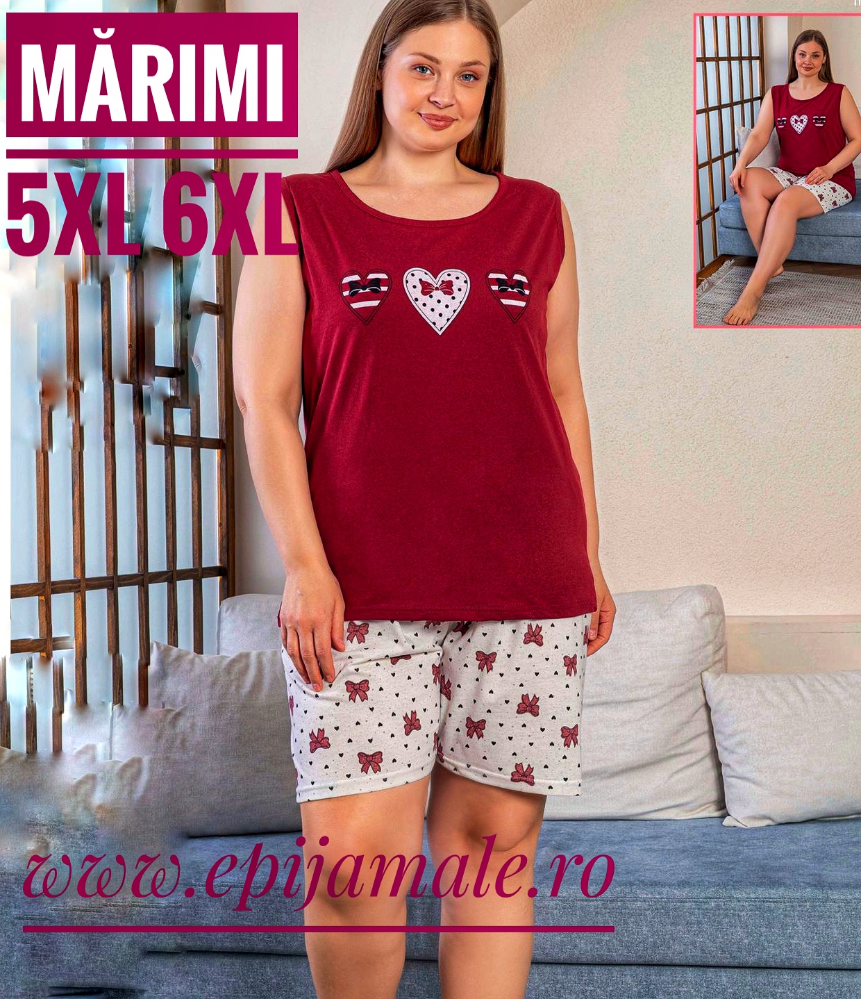 Pijama din bumbac 100% pentru dame, MAIEU VIŞINIU cu imprimeu inimi , bretea latǎ și pantalon scurt - Cod produs- PFRV982
