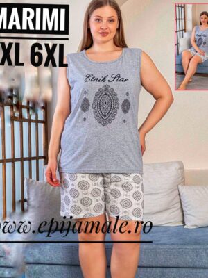Pijama din bumbac 100% pentru dame,  MAIEU GRI  cu imprimeu  ,  bretea latǎ și  pantalon scurt –  Cod produs-  PFRV979