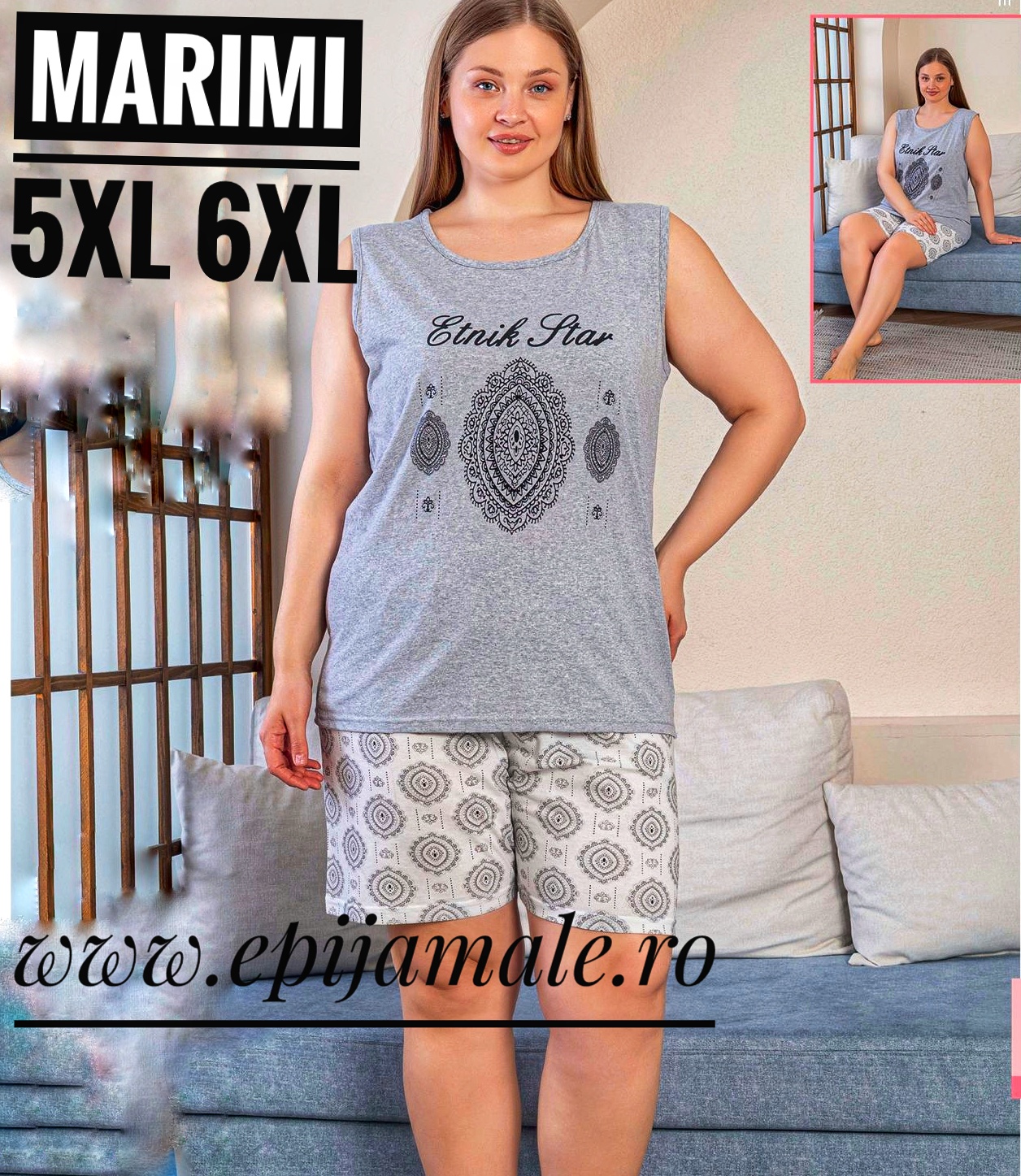 Pijama din bumbac 100% pentru dame, MAIEU GRI cu imprimeu , bretea latǎ și pantalon scurt - Cod produs- PFRV979