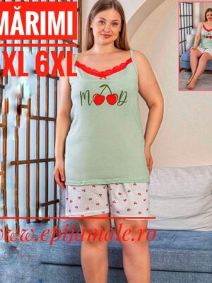 Pijama din bumbac 100% pentru dame,  MAIEU VERDE cu dantelǎ ,imprimeu  cireşe ,  bretea subțire și  pantalon scurt –  Cod produs-  PFRV977