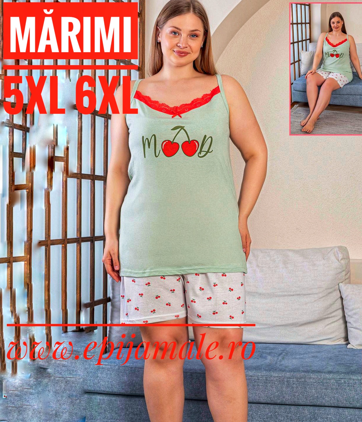 Pijama din bumbac 100% pentru dame, MAIEU VERDE cu dantelǎ ,imprimeu cireşe , bretea subțire și pantalon scurt - Cod produs- PFRV977