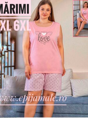 Pijama din bumbac 100% pentru dame,  MAIEU ROZ cu imprimeu LOVE  ,  bretea latǎ și  pantalon scurt –  Cod produs-  PFRV980