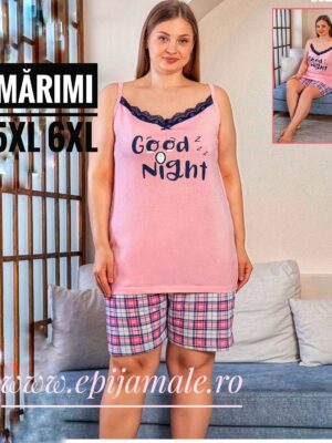 Pijama din bumbac 100% pentru dame,  MAIEU ROZ  cu dantelǎ ,imprimeu Good Night ,  bretea subțire și  pantalon scurt –  Cod produs-  PFRV975