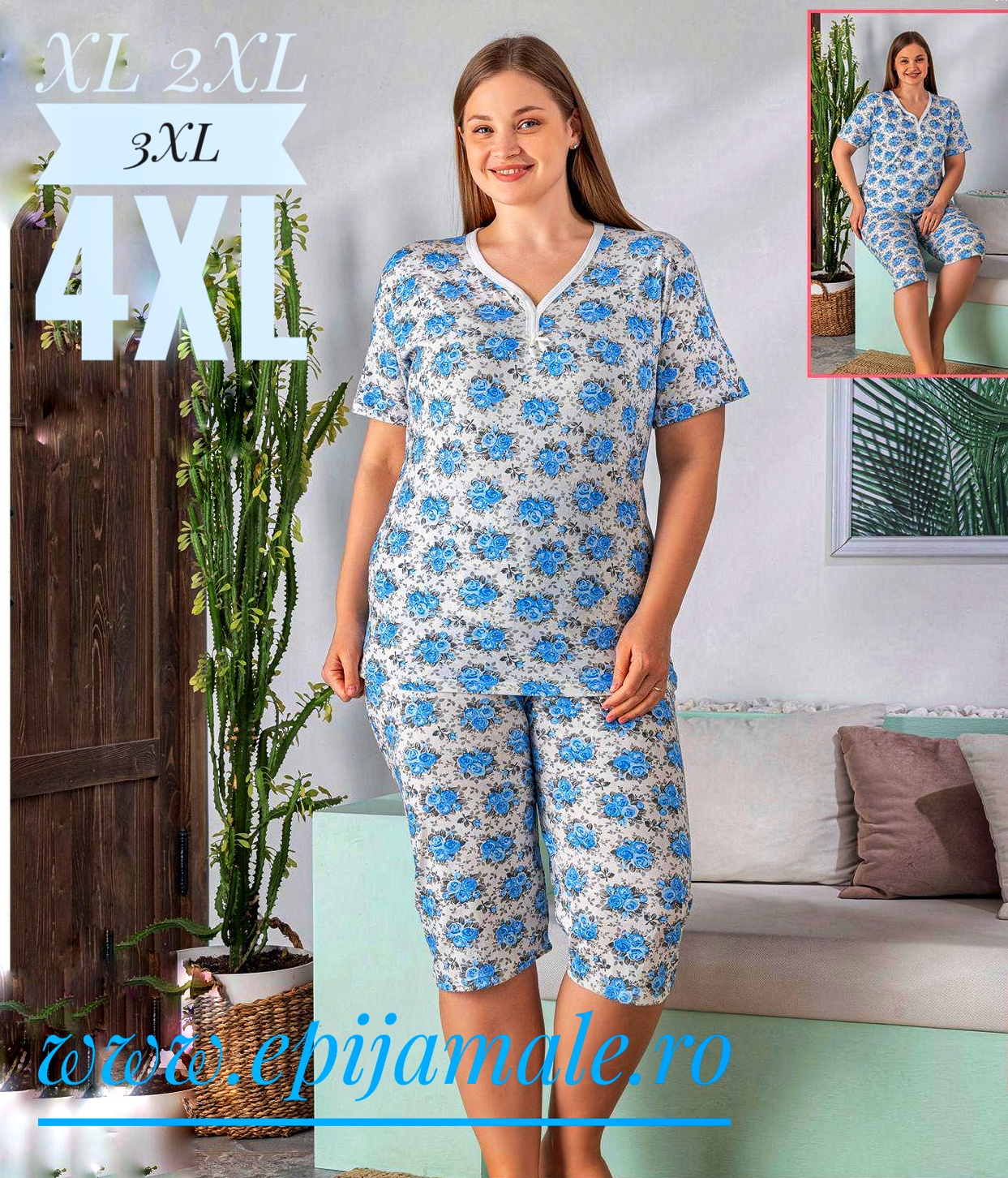 Pijama din bumbac 100%, pentru dame, tricou cu imprimeu și pantalon TREISFERT , CULOARE- ALB CU TRANDAFIRI ALBAȘTRII , Cod PFRV970