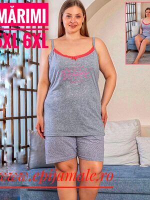 Pijama din bumbac 100% pentru dame,  MAIEU GRI cu dantelǎ ,imprimeu  Dreams,  bretea subțire și  pantalon scurt –  Cod produs-  PFRV978